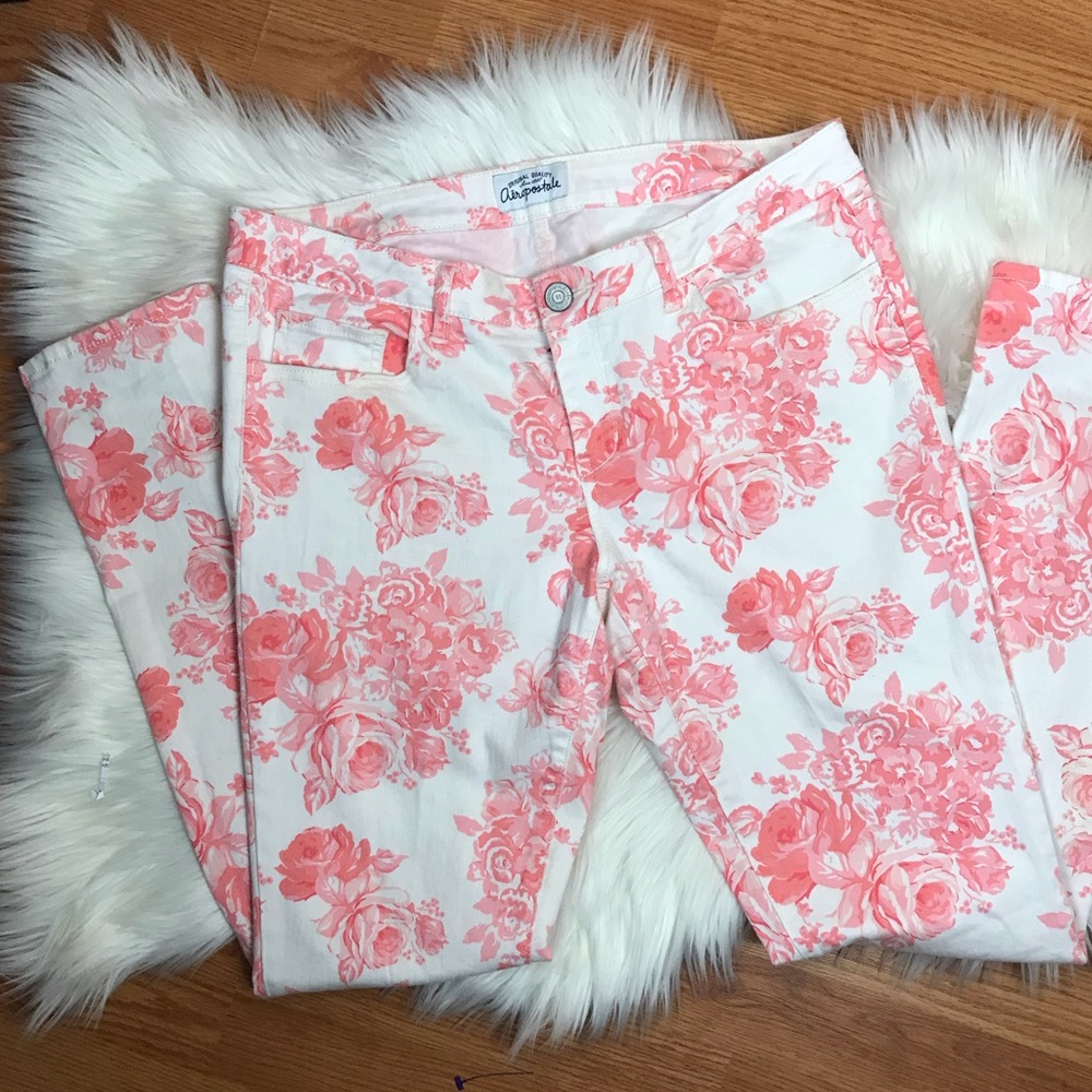 Aeropostale Ashley skinny white/coral floral jeans